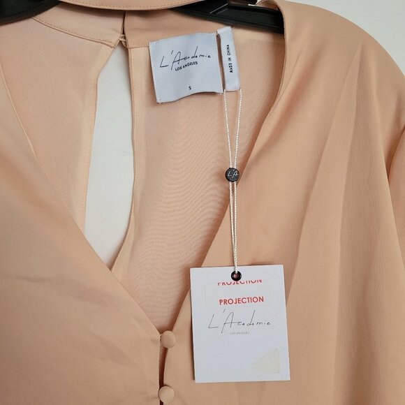 NEW L'Academie The Harper Choker Long Sleeve V Neck Blouse in Rose Pink Sz Small - Picture 10 of 14